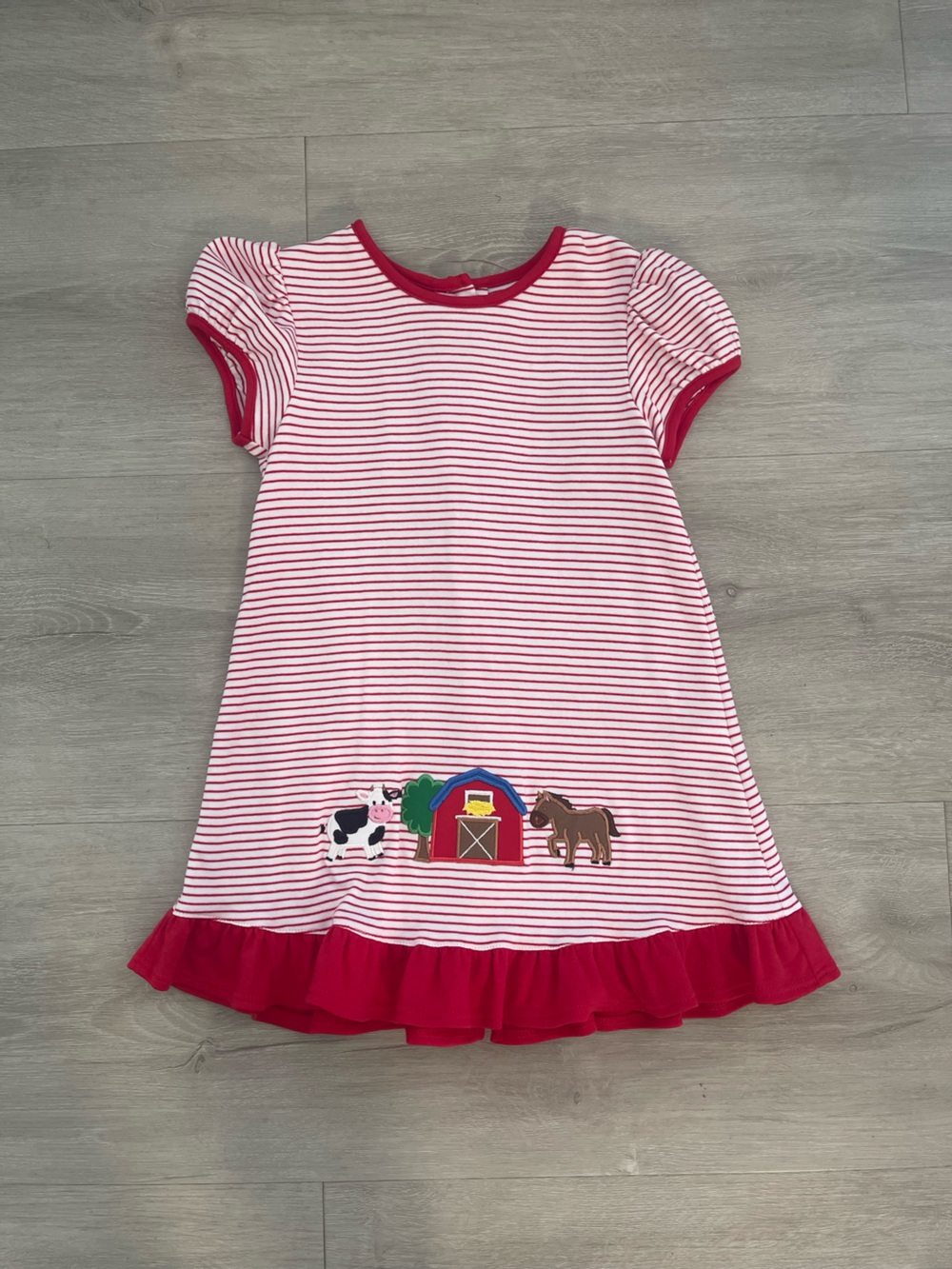 Girls' Red & White Striped Farm Appliqué Casual Dress